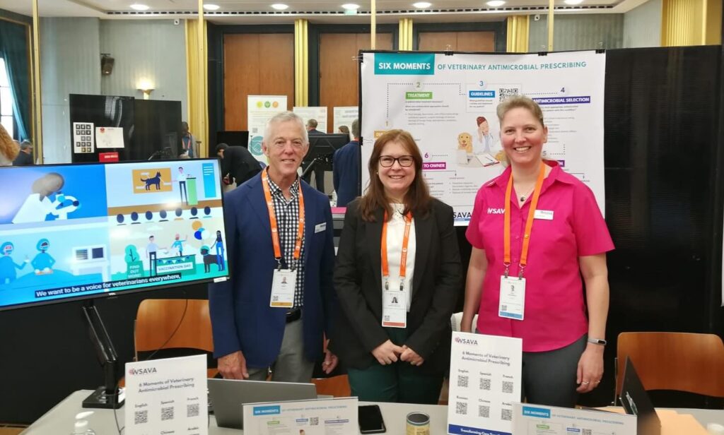 Pictured are representatives from WSAVA and WOAH at our stand. From left to right are Jim Berry (WSAVA President-Elect), Ana Luisa Pereira Mateus (WOAH Scientific Coordinator, Antimicrobial Resistance & Veterinary Products) and Ellen van Nierop (WSAVA President).